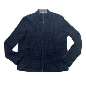 Eileen Fisher Waffle Knit Jacket LARGE Black Stretch LS Lyocell Organic Cotton